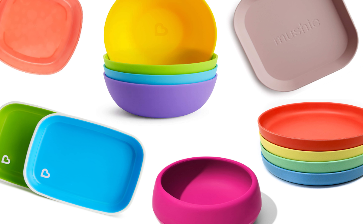 Toddler plates and bowls of various colors