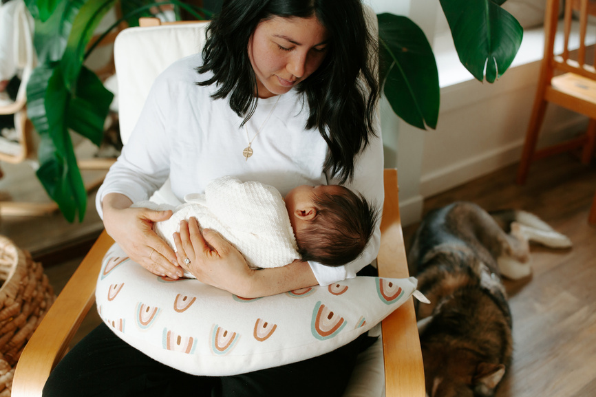seated woman breastfeeding newborn baby on a breastfeeding pillow 