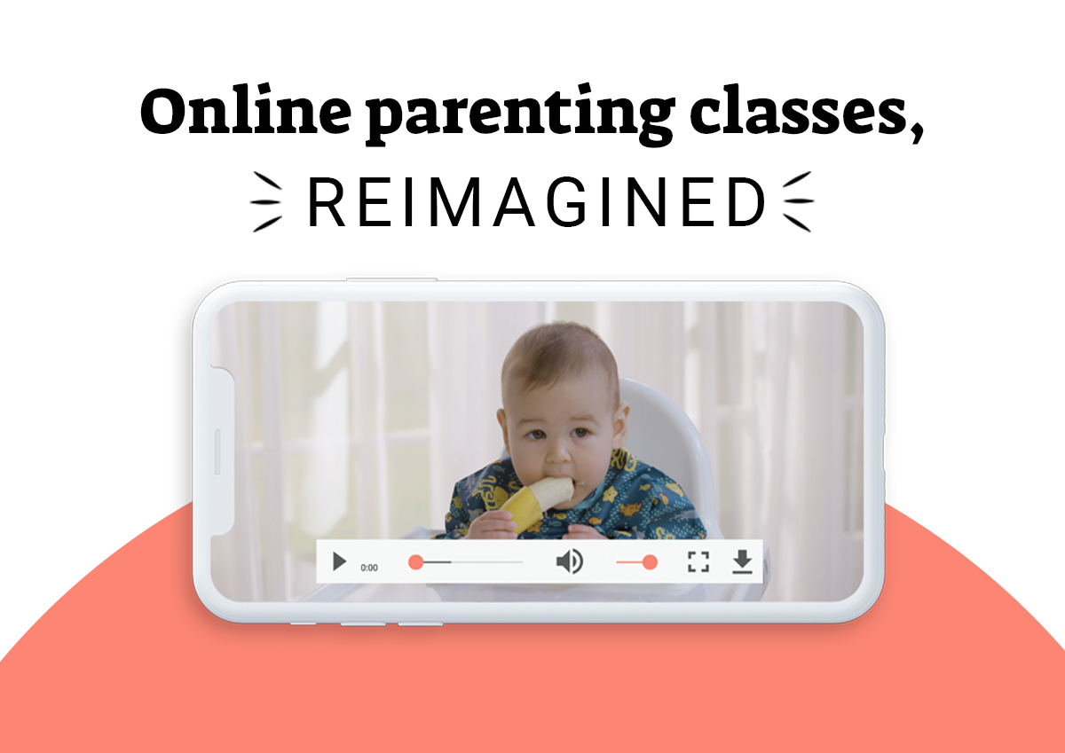 text on image reads "online parenting classes, reimagined" above picture of an iPhone with a baby eating a banana on the screen